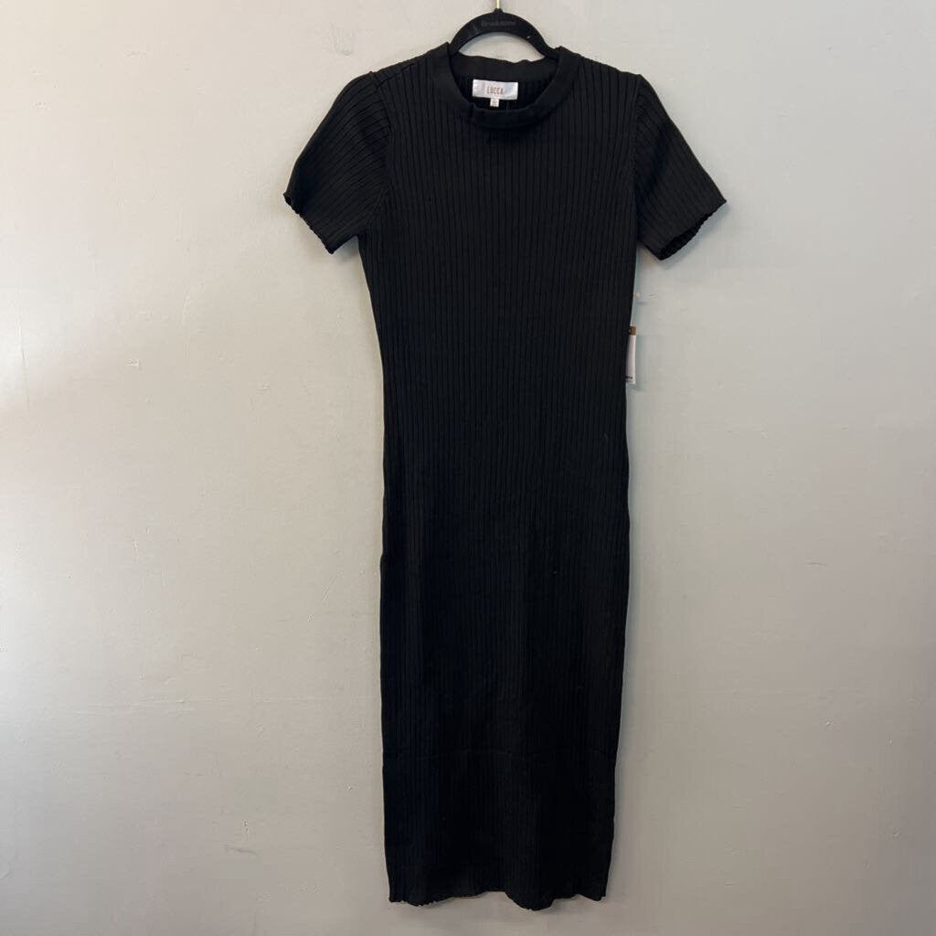 Lucca Black Ribbed Short Sleeve Fitted Maxi Dress Large