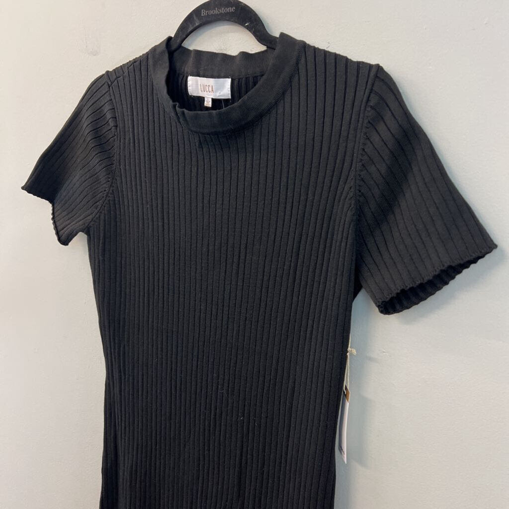 Lucca Black Ribbed Short Sleeve Fitted Maxi Dress Large