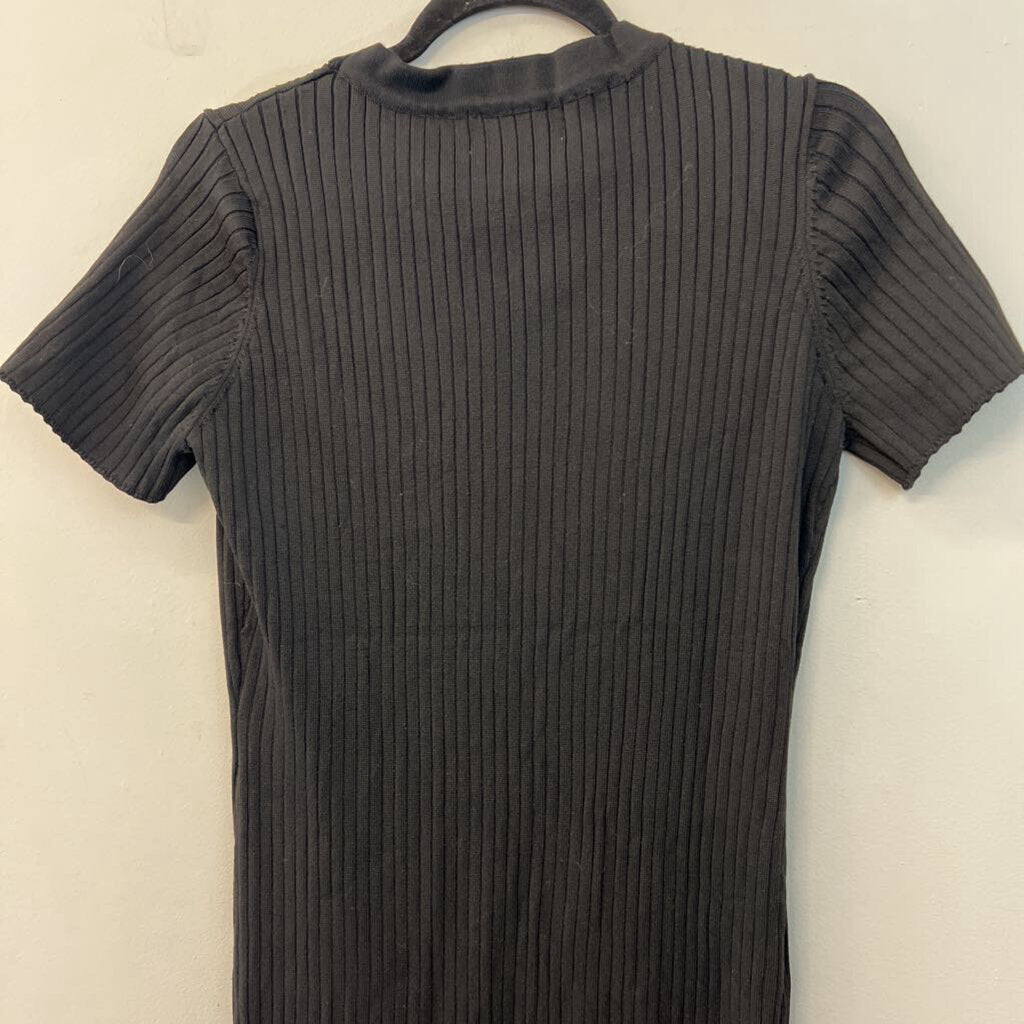 Lucca Black Ribbed Short Sleeve Fitted Maxi Dress Large