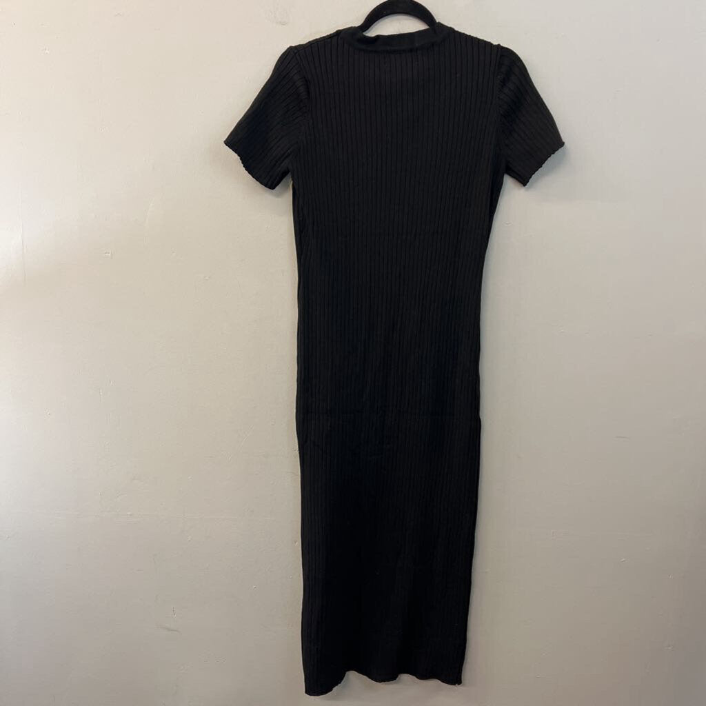 Lucca Black Ribbed Short Sleeve Fitted Maxi Dress Large