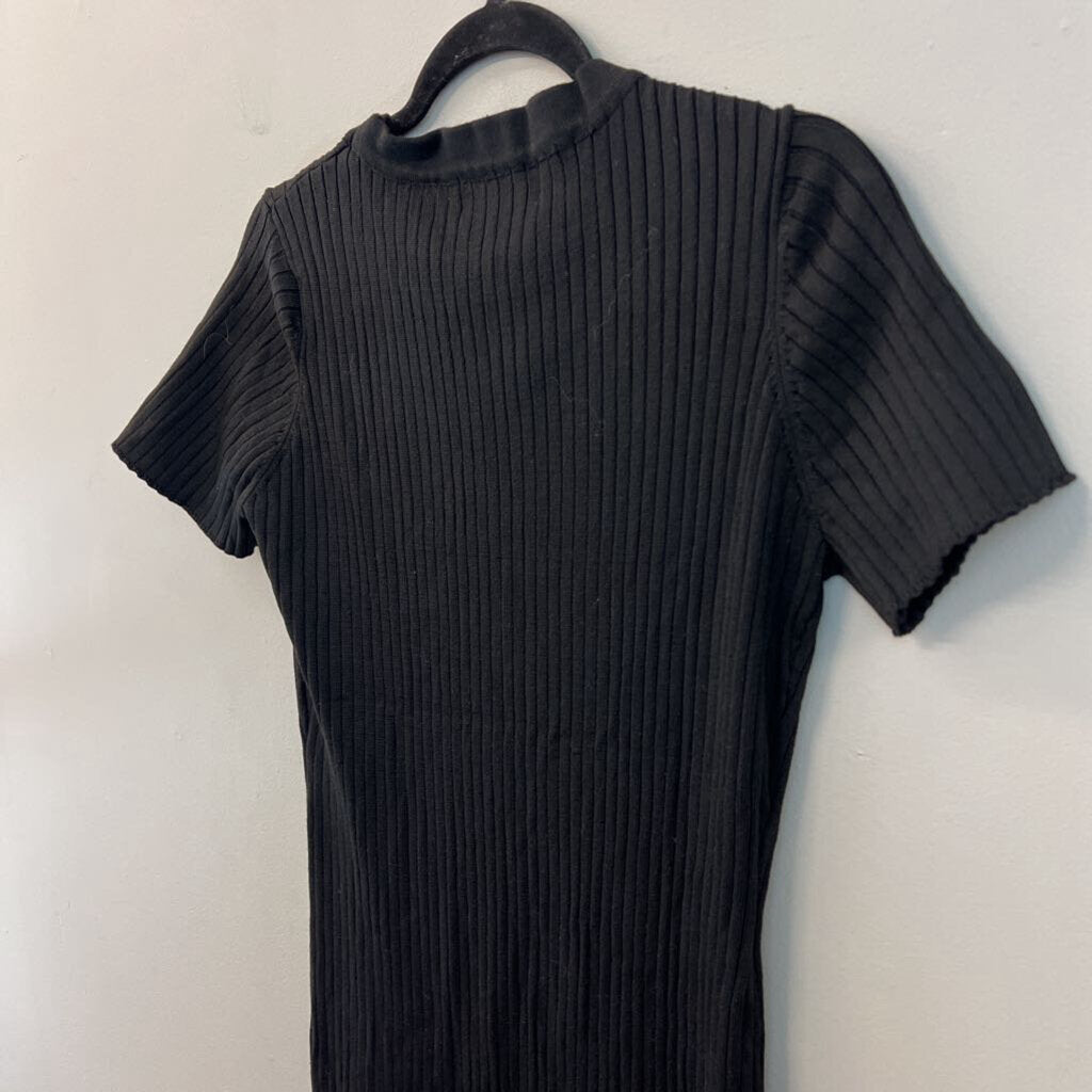 Lucca Black Ribbed Short Sleeve Fitted Maxi Dress Large