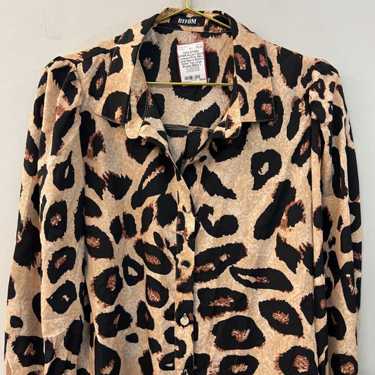 BTFBM Brown/ Black Leopard Print Silky Long Sleeve Button Down Top Large