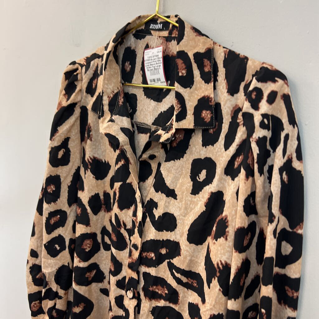 BTFBM Brown/ Black Leopard Print Silky Long Sleeve Button Down Top Large