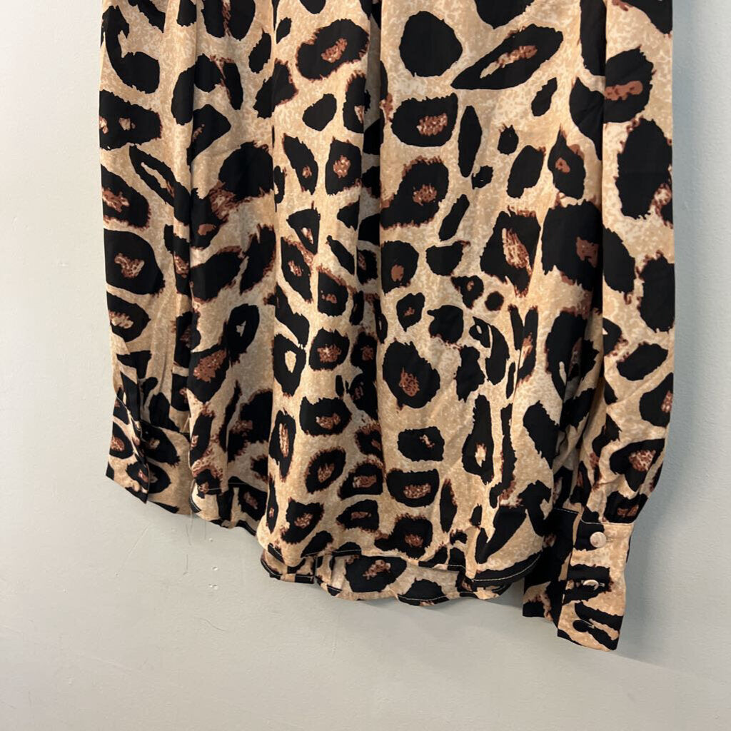 BTFBM Brown/ Black Leopard Print Silky Long Sleeve Button Down Top Large