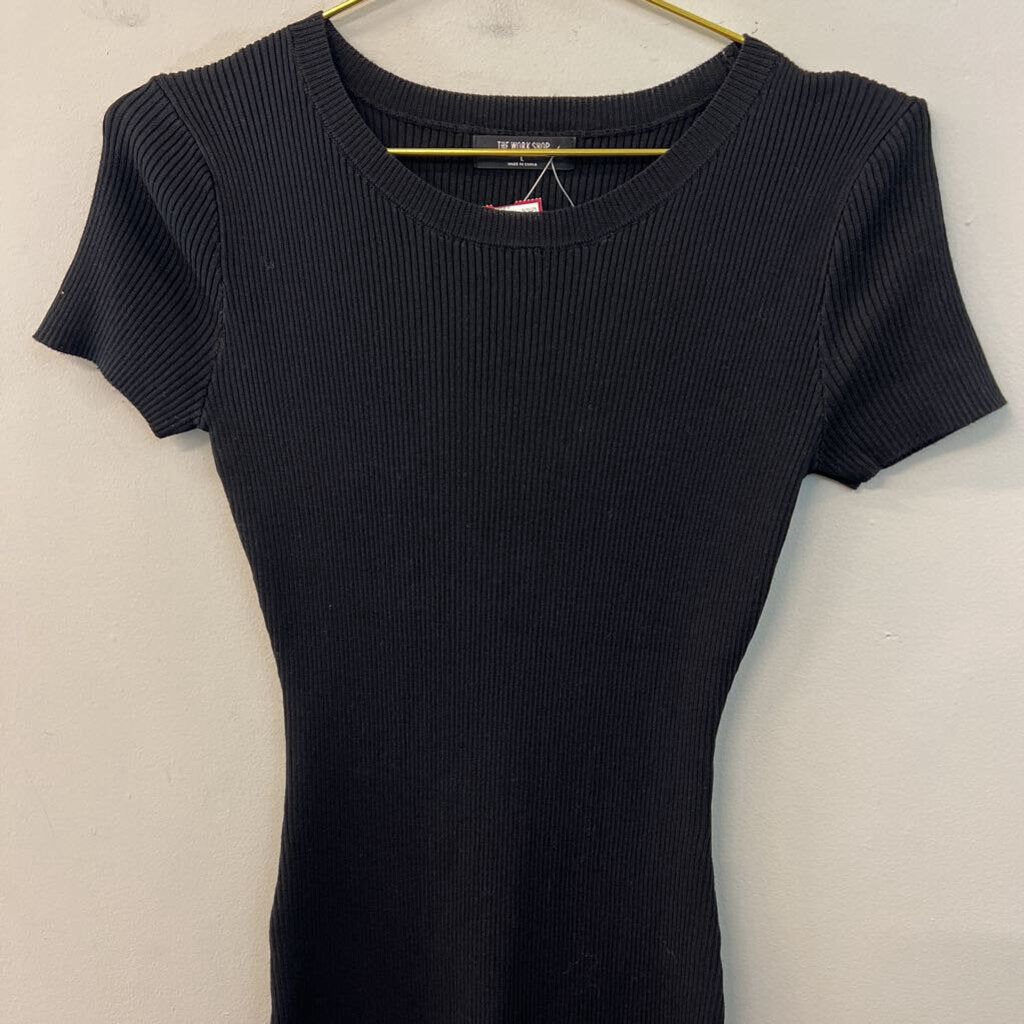 The Work Shop Black Ribbed Fitted Short Sleeve Maxi Dress Large
