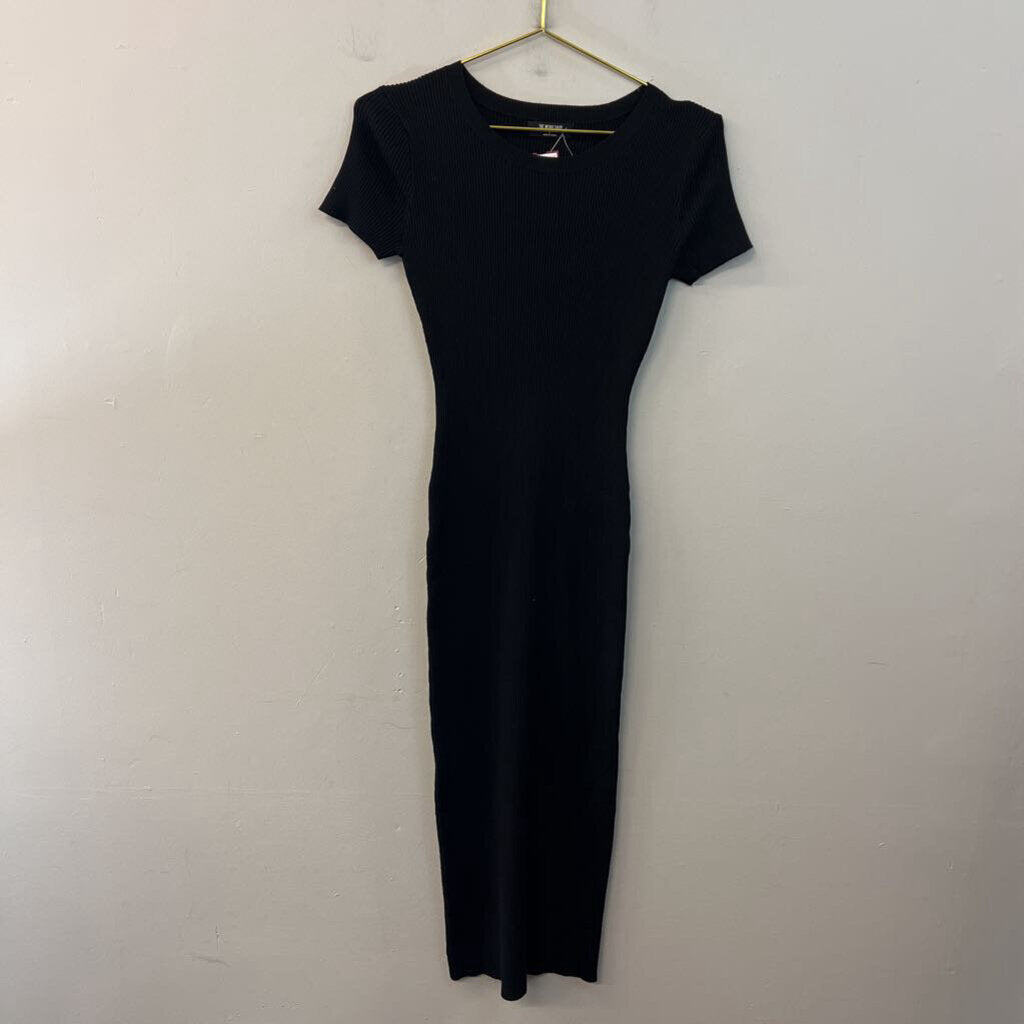The Work Shop Black Ribbed Fitted Short Sleeve Maxi Dress Large