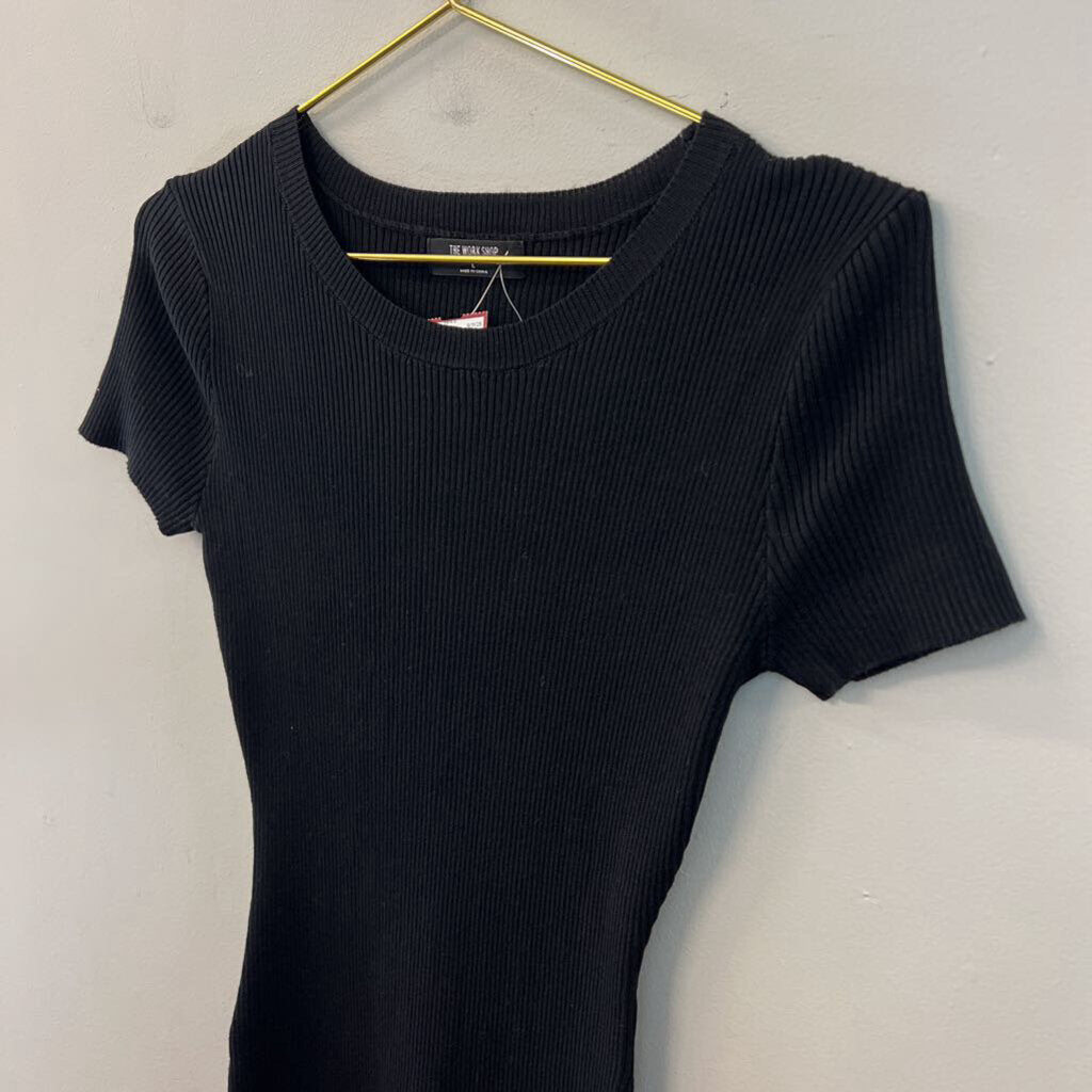 The Work Shop Black Ribbed Fitted Short Sleeve Maxi Dress Large