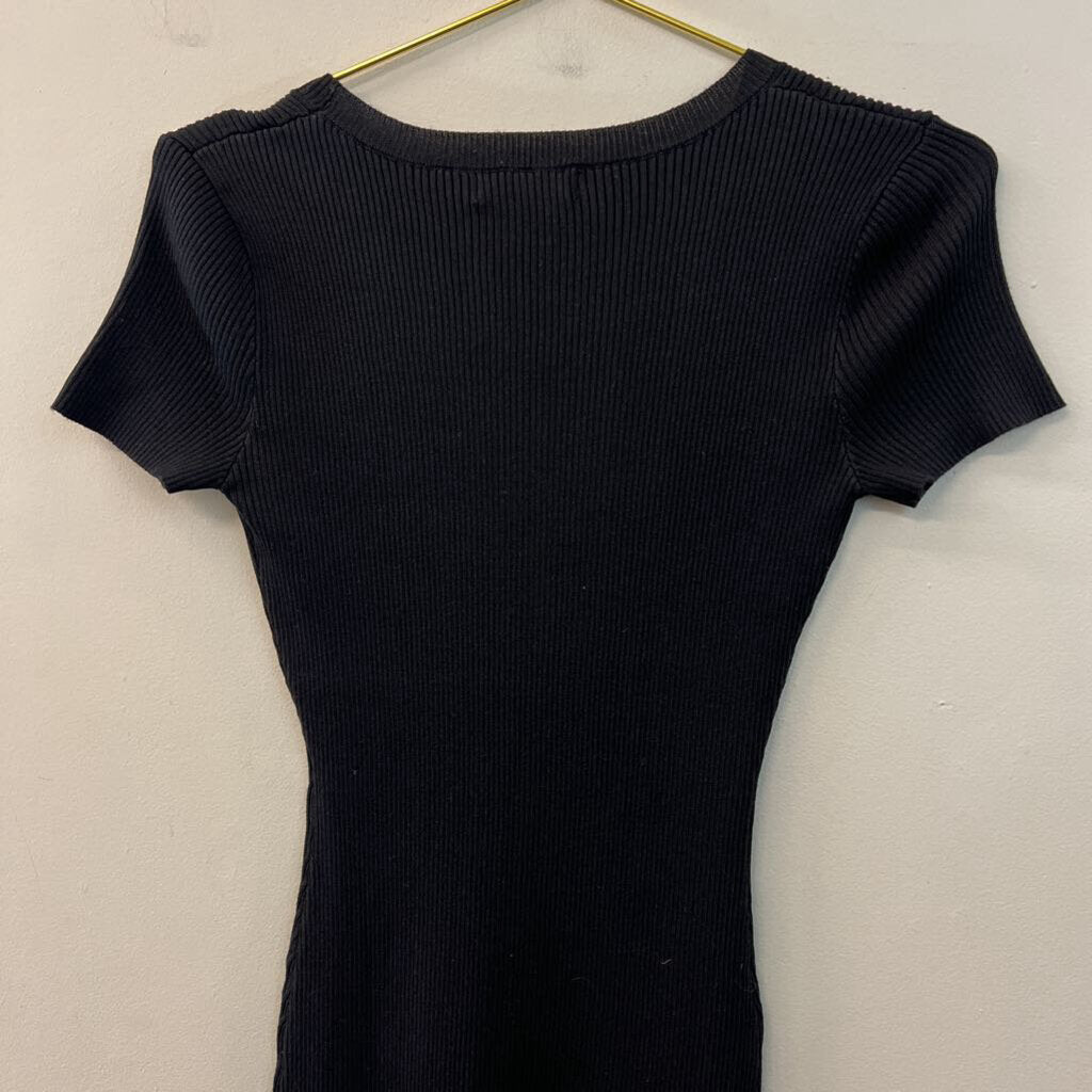 The Work Shop Black Ribbed Fitted Short Sleeve Maxi Dress Large