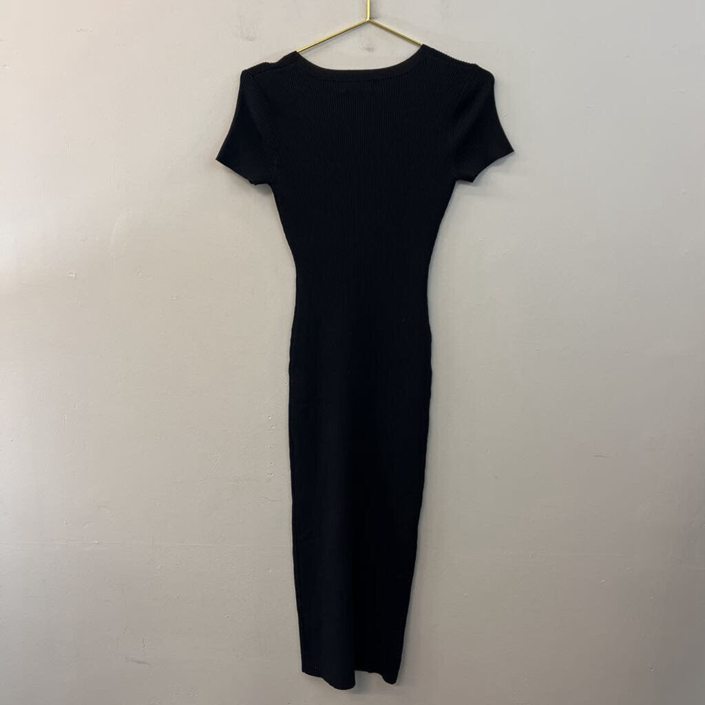 The Work Shop Black Ribbed Fitted Short Sleeve Maxi Dress Large
