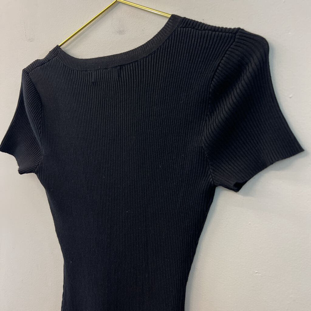 The Work Shop Black Ribbed Fitted Short Sleeve Maxi Dress Large