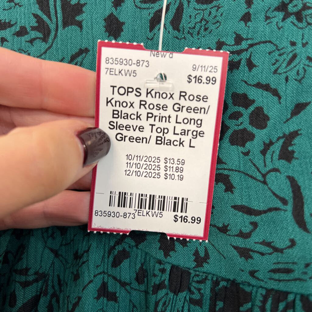 Knox Rose Green/ Black Print Long Sleeve Top Large