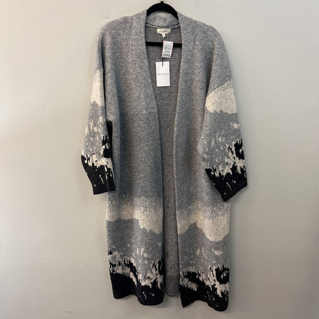Promesa Grey Print Long Open Front Cardigan Sweater Medium