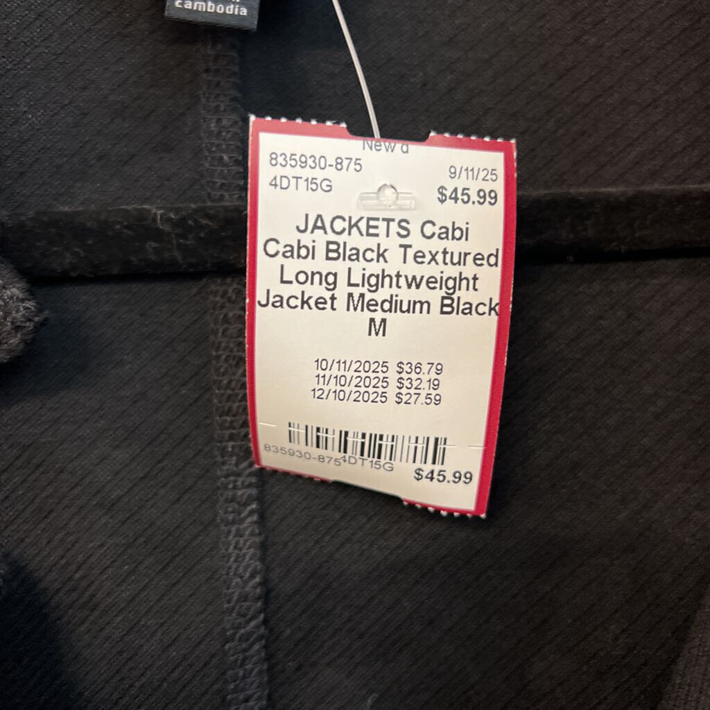Cabi Black Textured Long Lightweight Jacket Medium