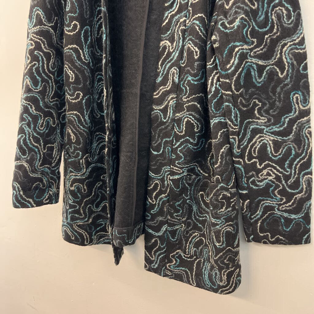 J Jill Black/ Blue/ Grey Embroidered Print Open Front Jacket Medium