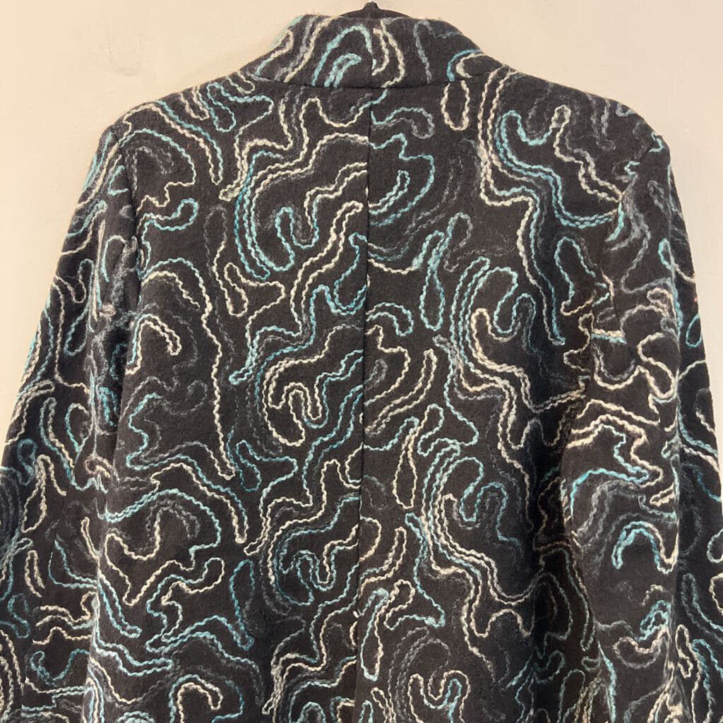 J Jill Black/ Blue/ Grey Embroidered Print Open Front Jacket Medium