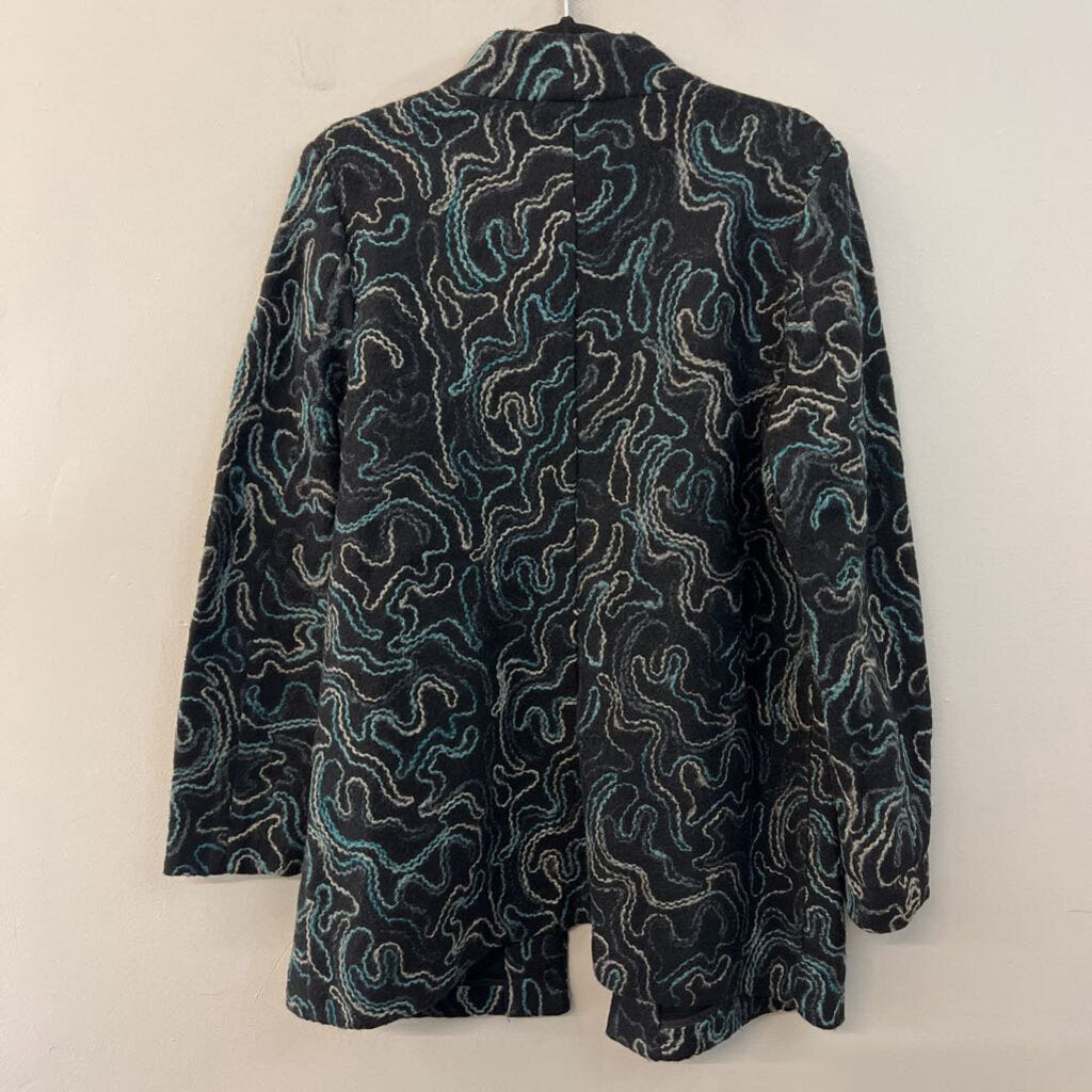J Jill Black/ Blue/ Grey Embroidered Print Open Front Jacket Medium