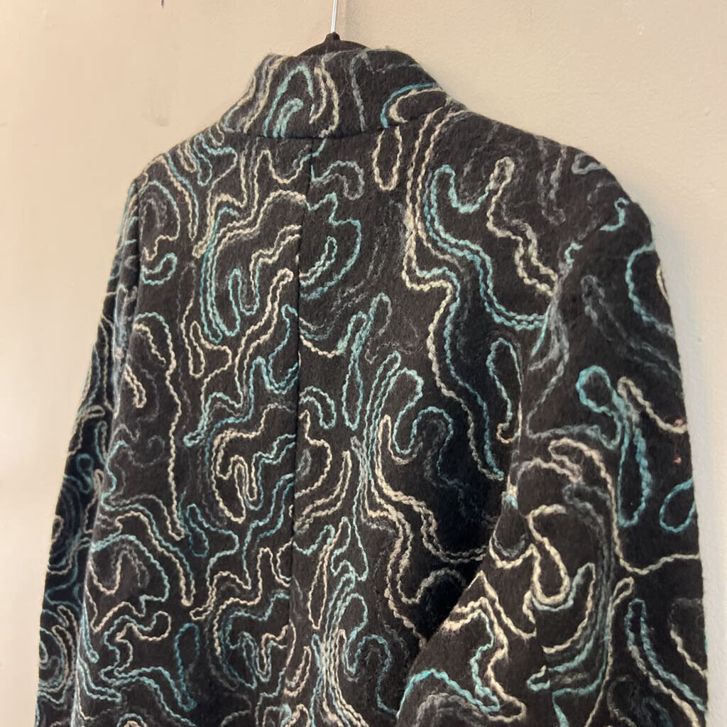 J Jill Black/ Blue/ Grey Embroidered Print Open Front Jacket Medium