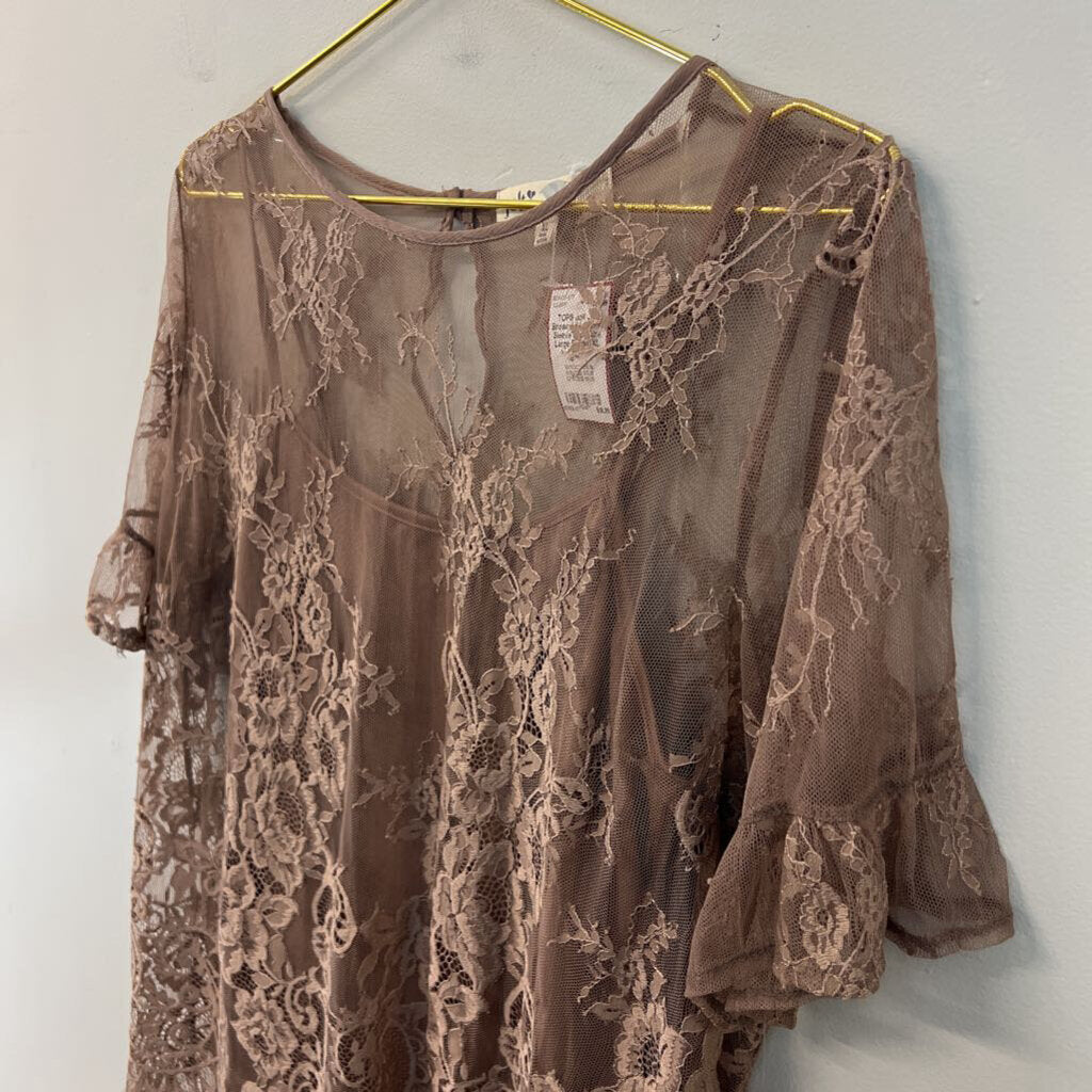 Jolt Brown Lace Short Sleeve Top Extra Large
