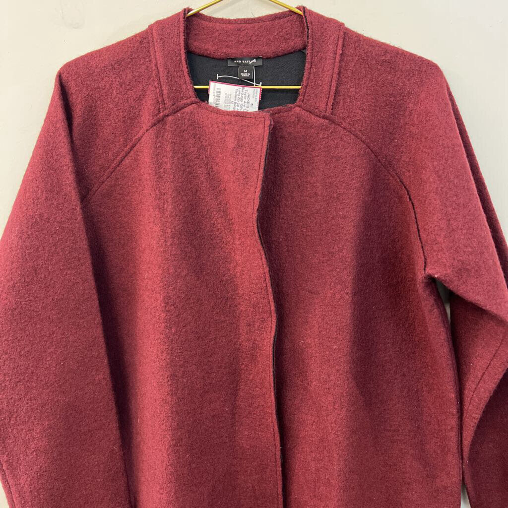 Ann Taylor Burgundy 100% Wool Long Zip Up Jacket Medium