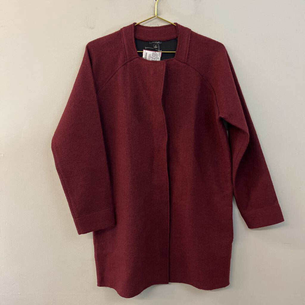 Ann Taylor Burgundy 100% Wool Long Zip Up Jacket Medium