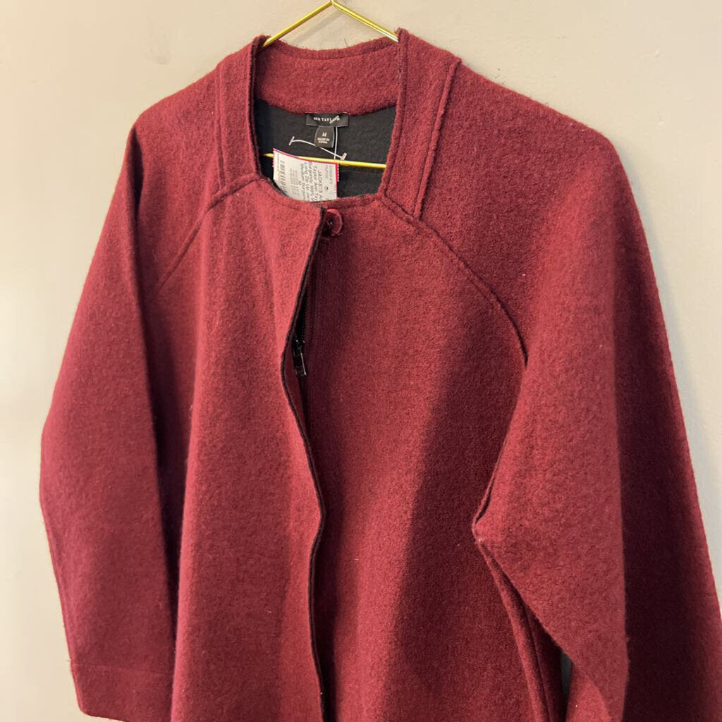 Ann Taylor Burgundy 100% Wool Long Zip Up Jacket Medium