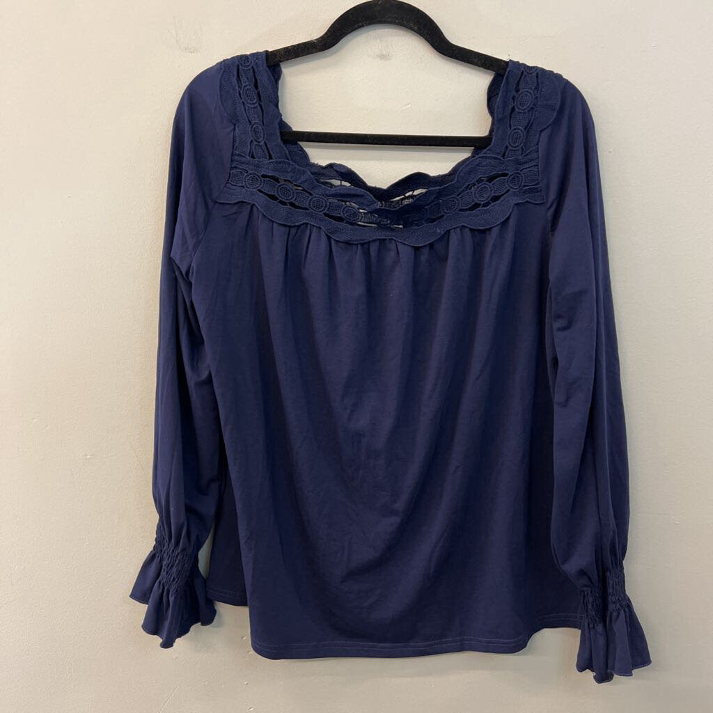 Ladmous Navy Lace Trim Long Sleeve Top Large
