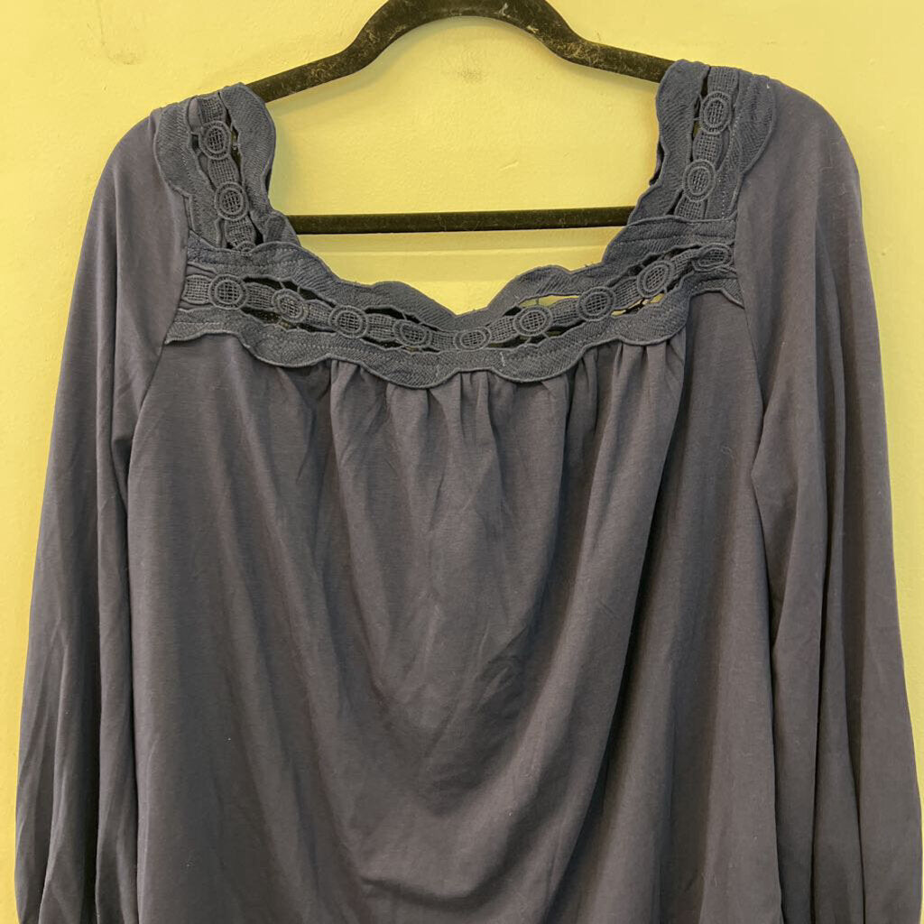 Ladmous Navy Lace Trim Long Sleeve Top Large