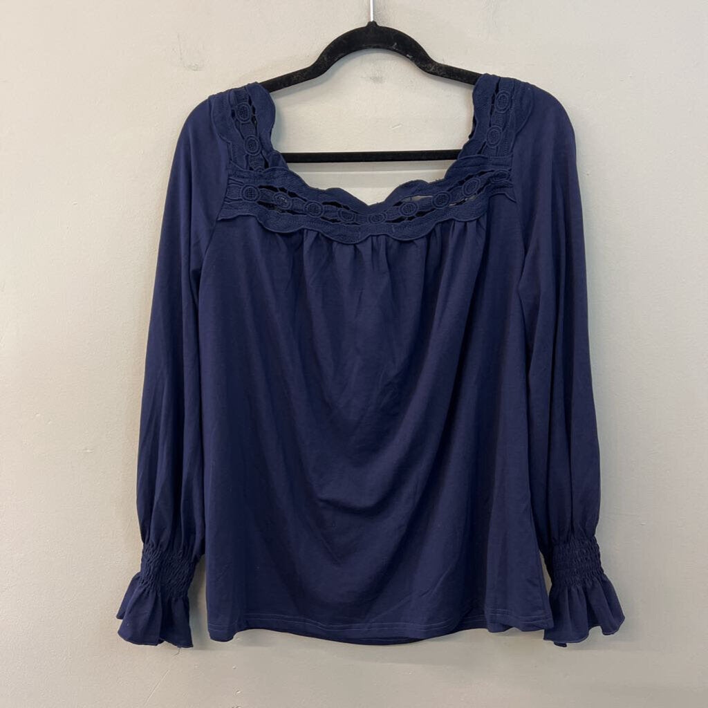 Ladmous Navy Lace Trim Long Sleeve Top Large