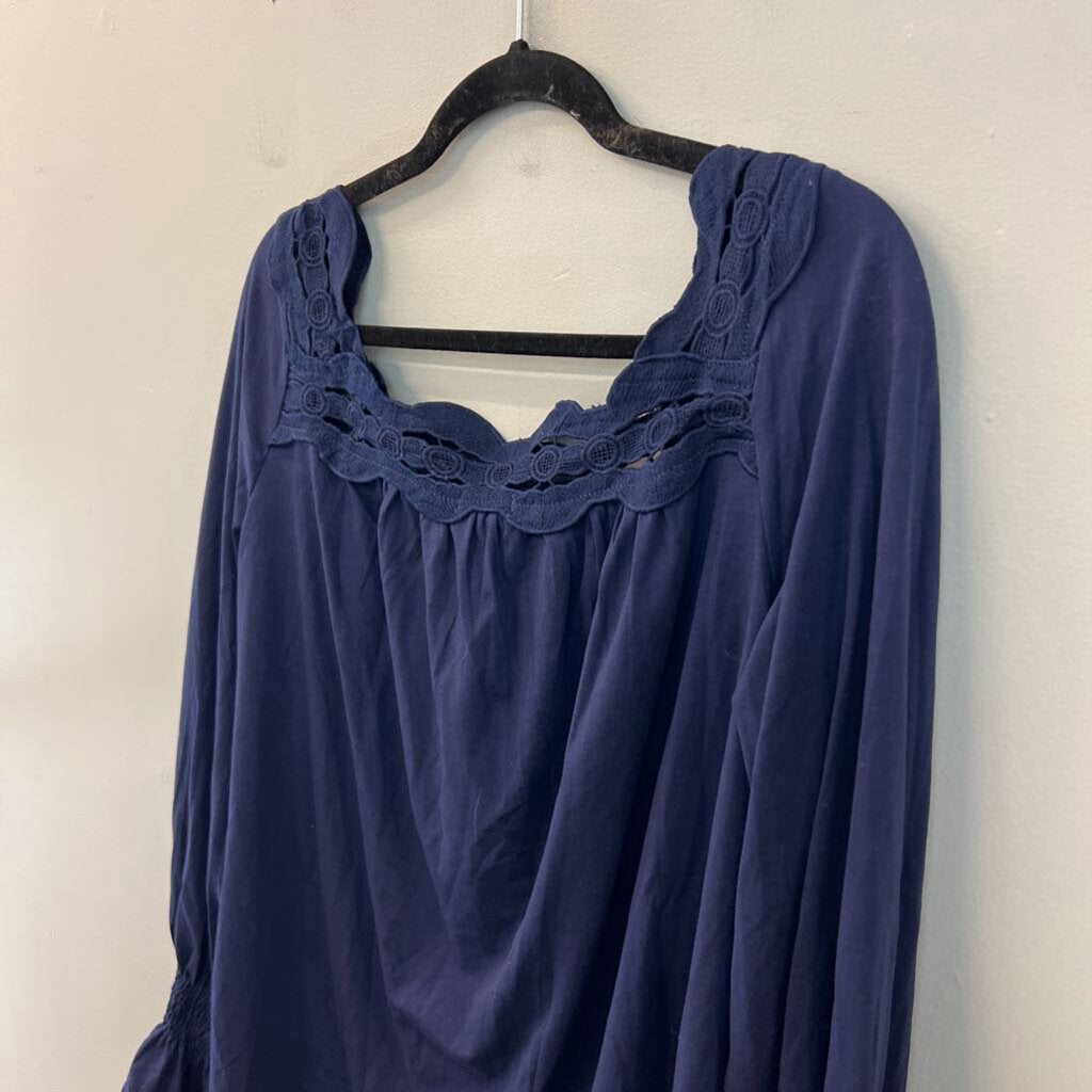 Ladmous Navy Lace Trim Long Sleeve Top Large