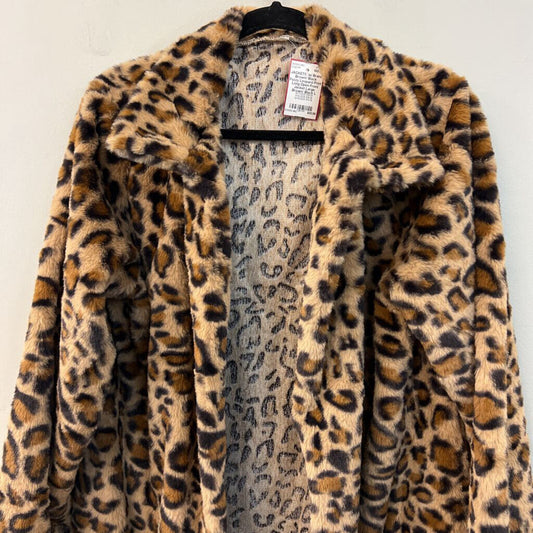 Brown/ Black Fuzzy Leopard Print Long Open Front Jacket Large