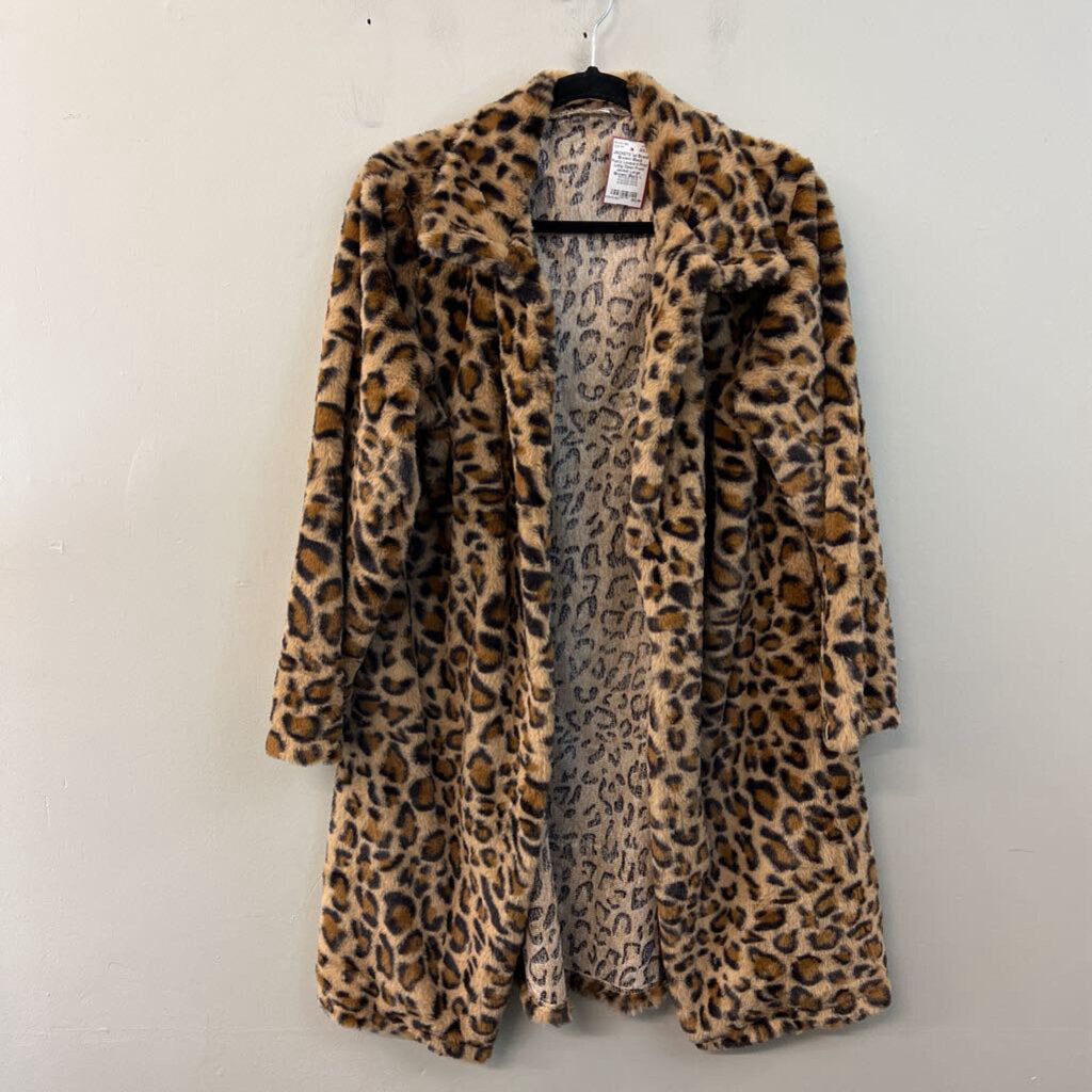 Brown/ Black Fuzzy Leopard Print Long Open Front Jacket Large