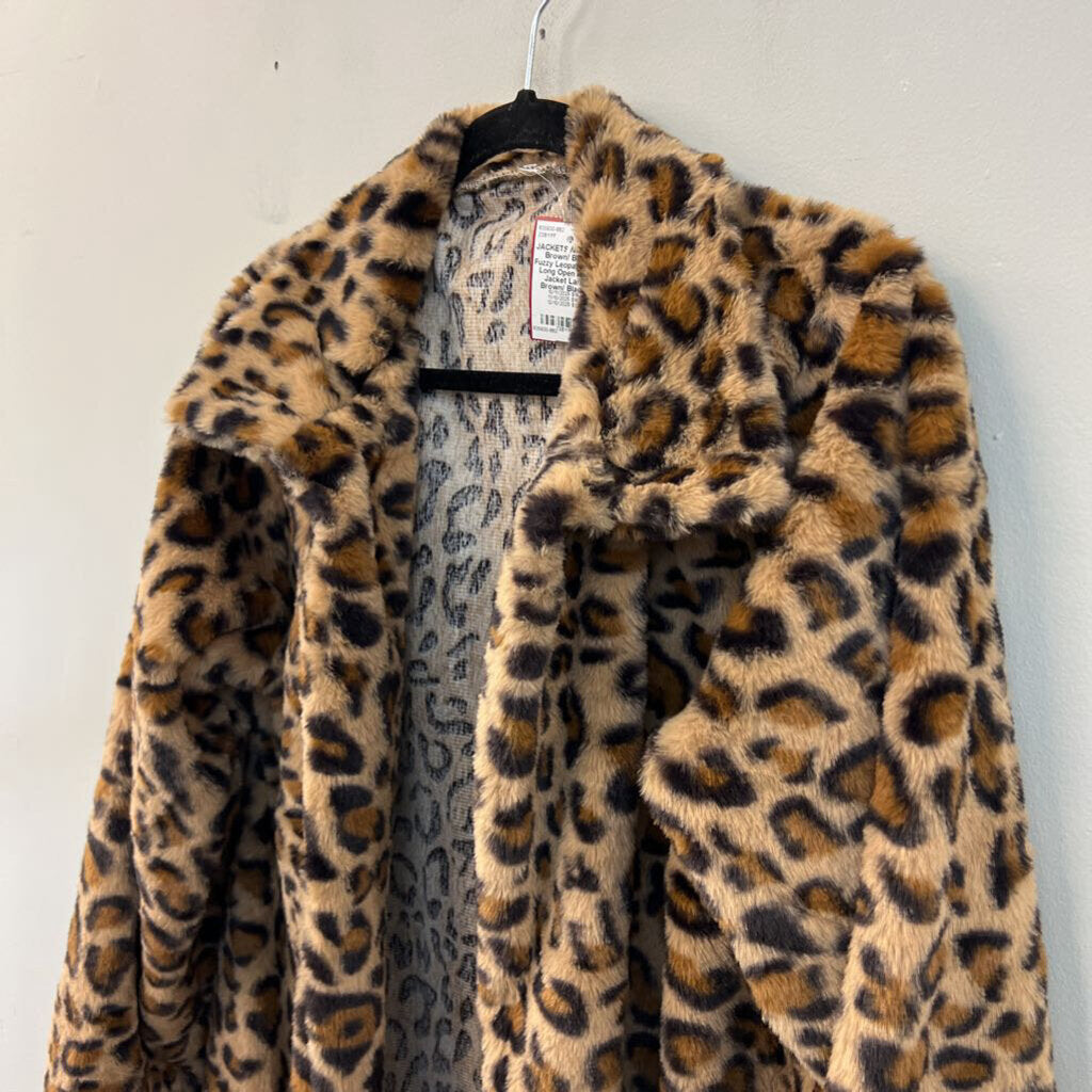 Brown/ Black Fuzzy Leopard Print Long Open Front Jacket Large