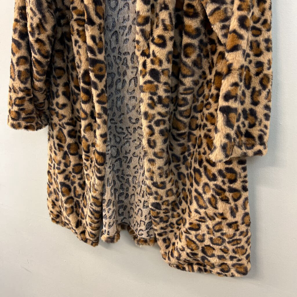 Brown/ Black Fuzzy Leopard Print Long Open Front Jacket Large
