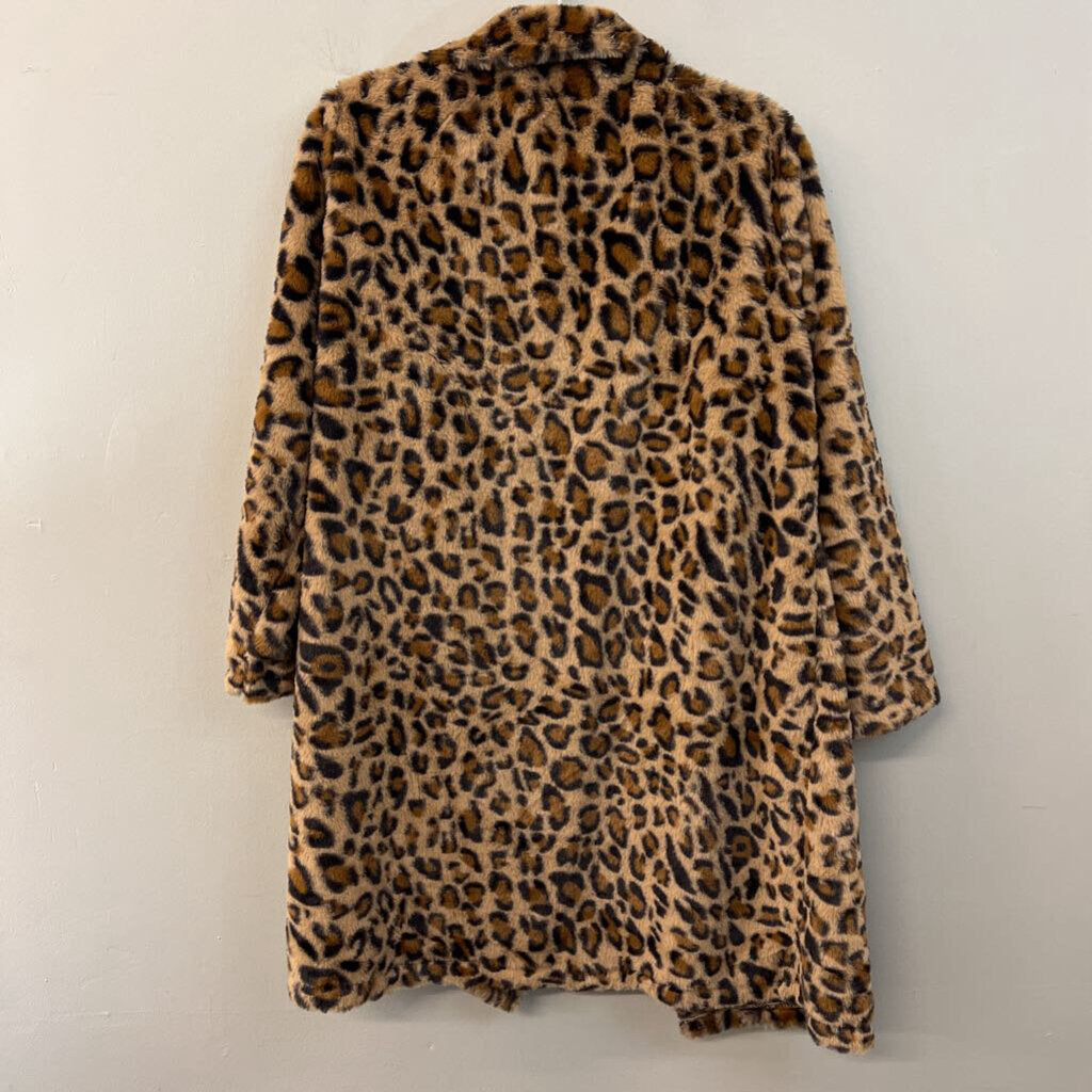 Brown/ Black Fuzzy Leopard Print Long Open Front Jacket Large