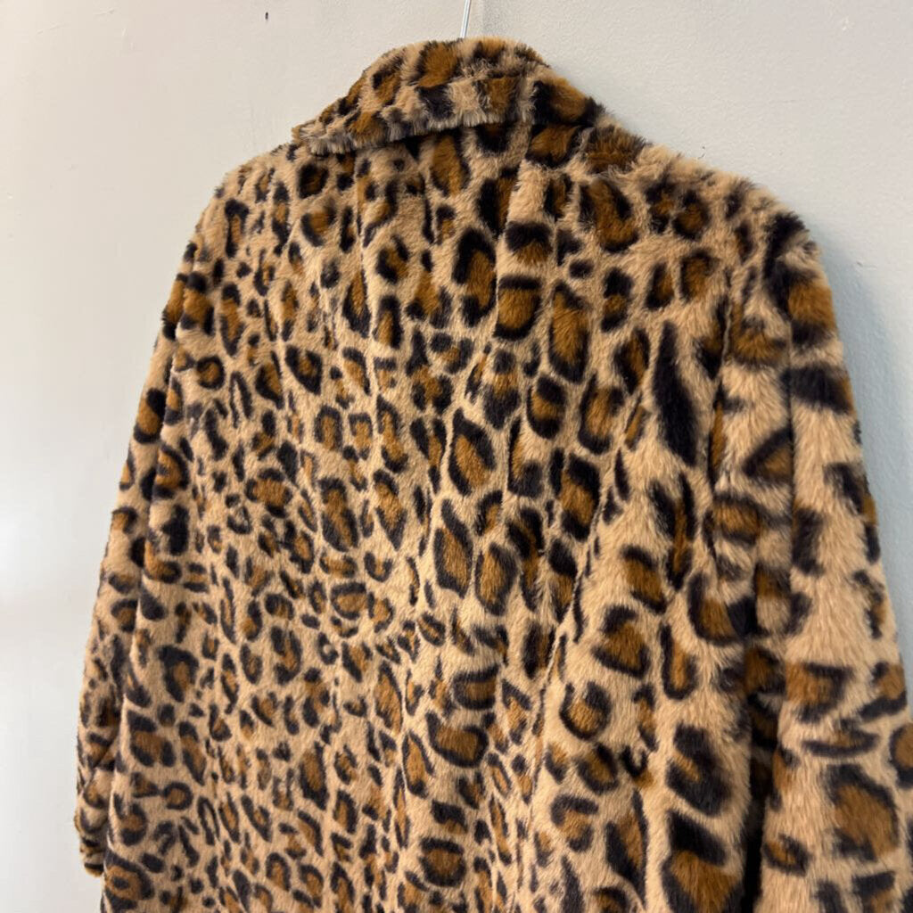 Brown/ Black Fuzzy Leopard Print Long Open Front Jacket Large