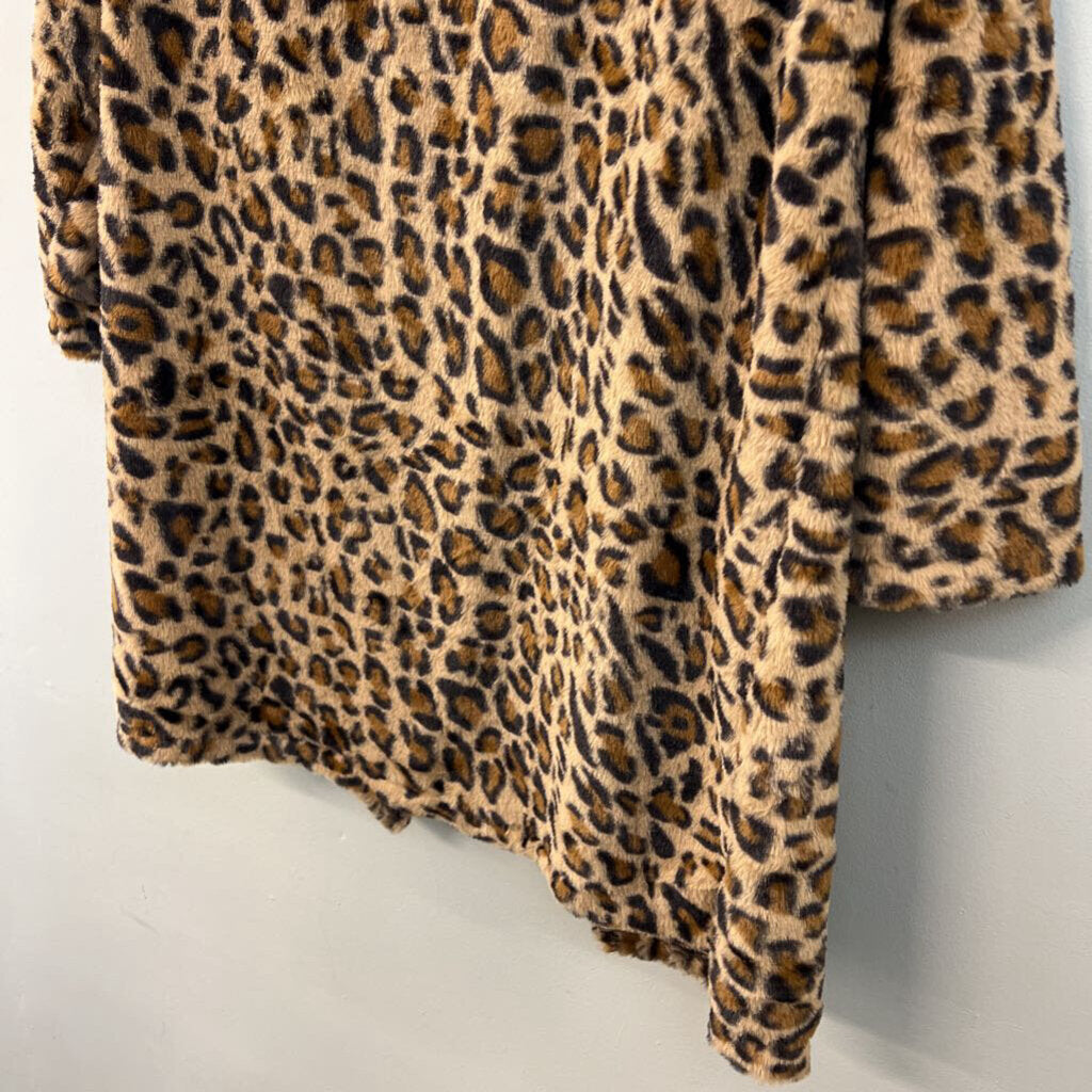 Brown/ Black Fuzzy Leopard Print Long Open Front Jacket Large