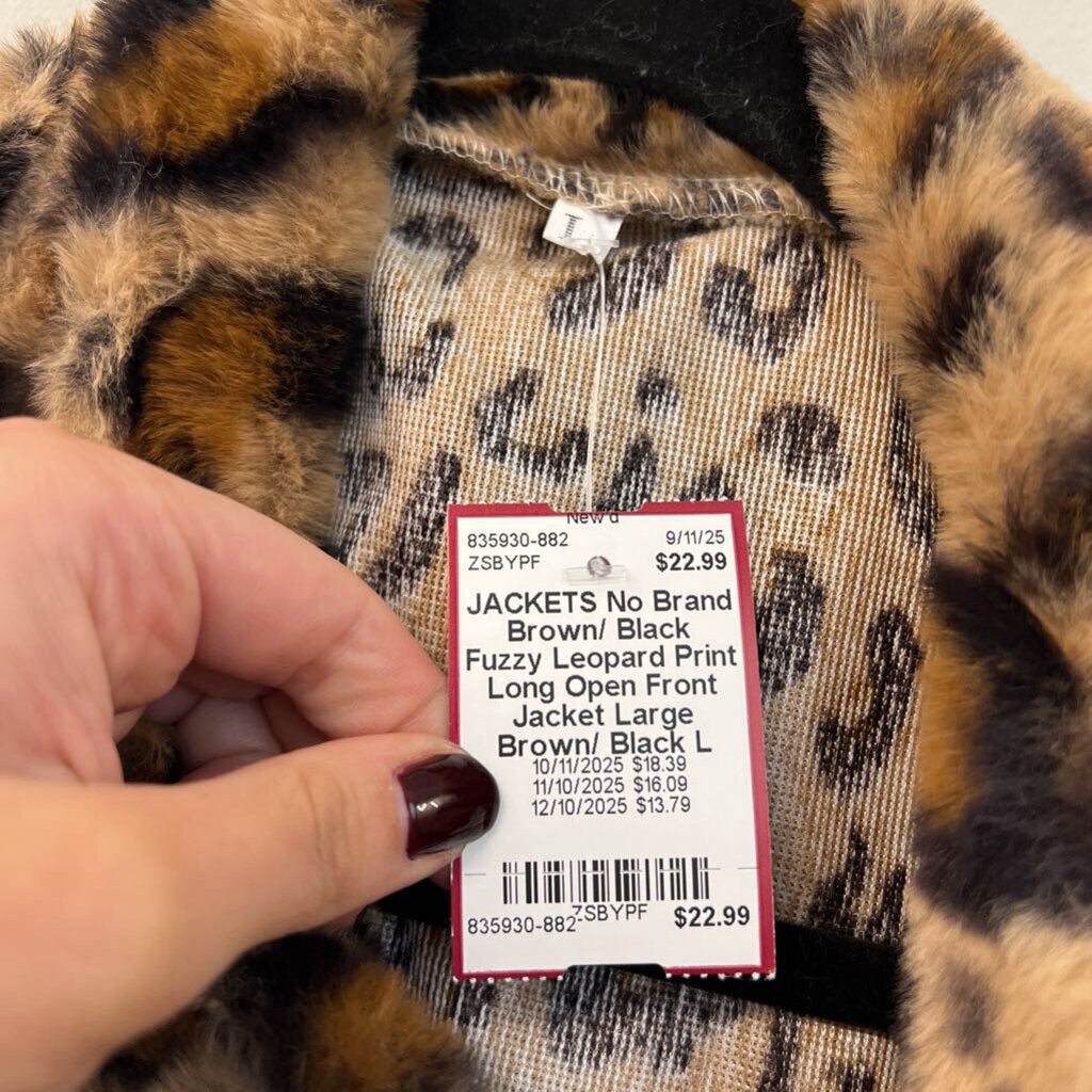 Brown/ Black Fuzzy Leopard Print Long Open Front Jacket Large