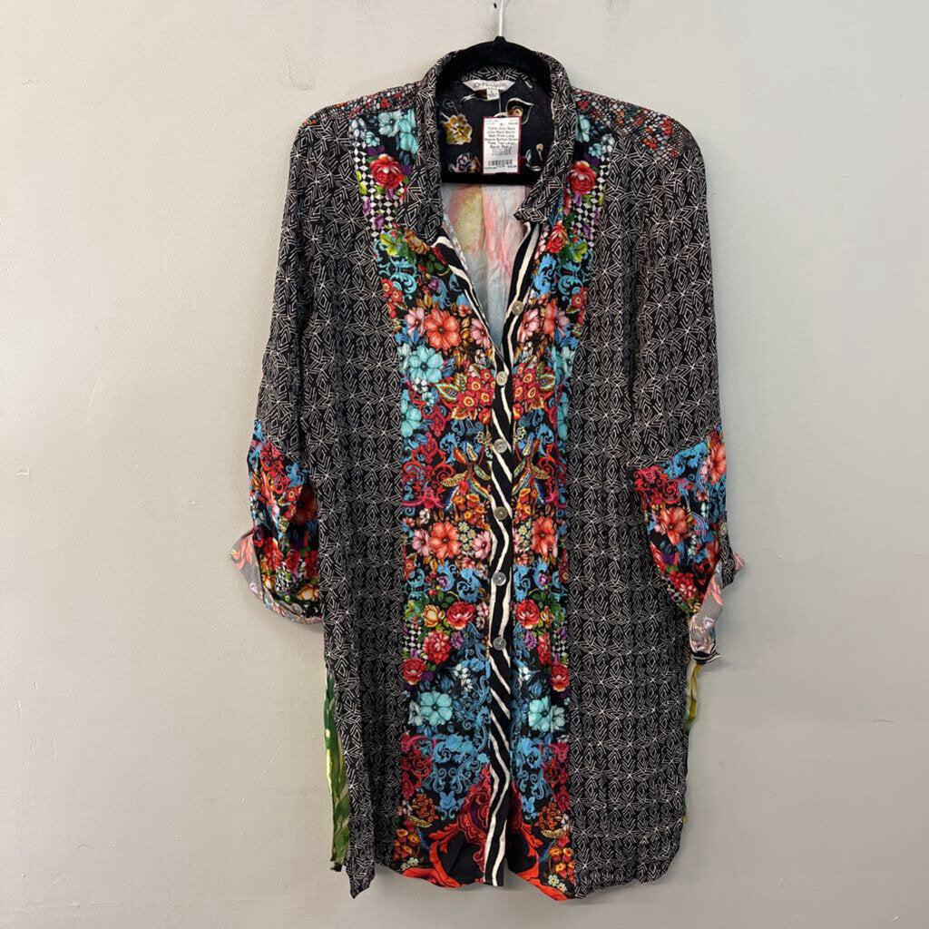 John Mark Black/ Multi Print Long Sleeve Button Down Tunic Top Large