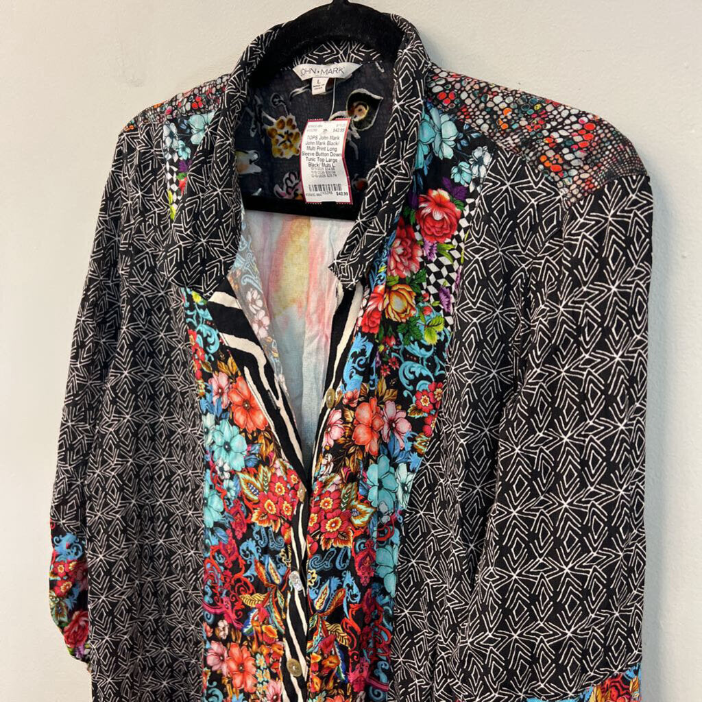 John Mark Black/ Multi Print Long Sleeve Button Down Tunic Top Large