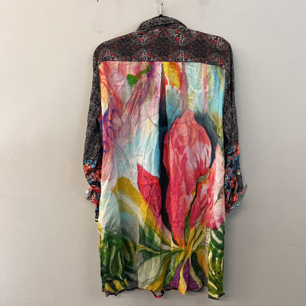 John Mark Black/ Multi Print Long Sleeve Button Down Tunic Top Large