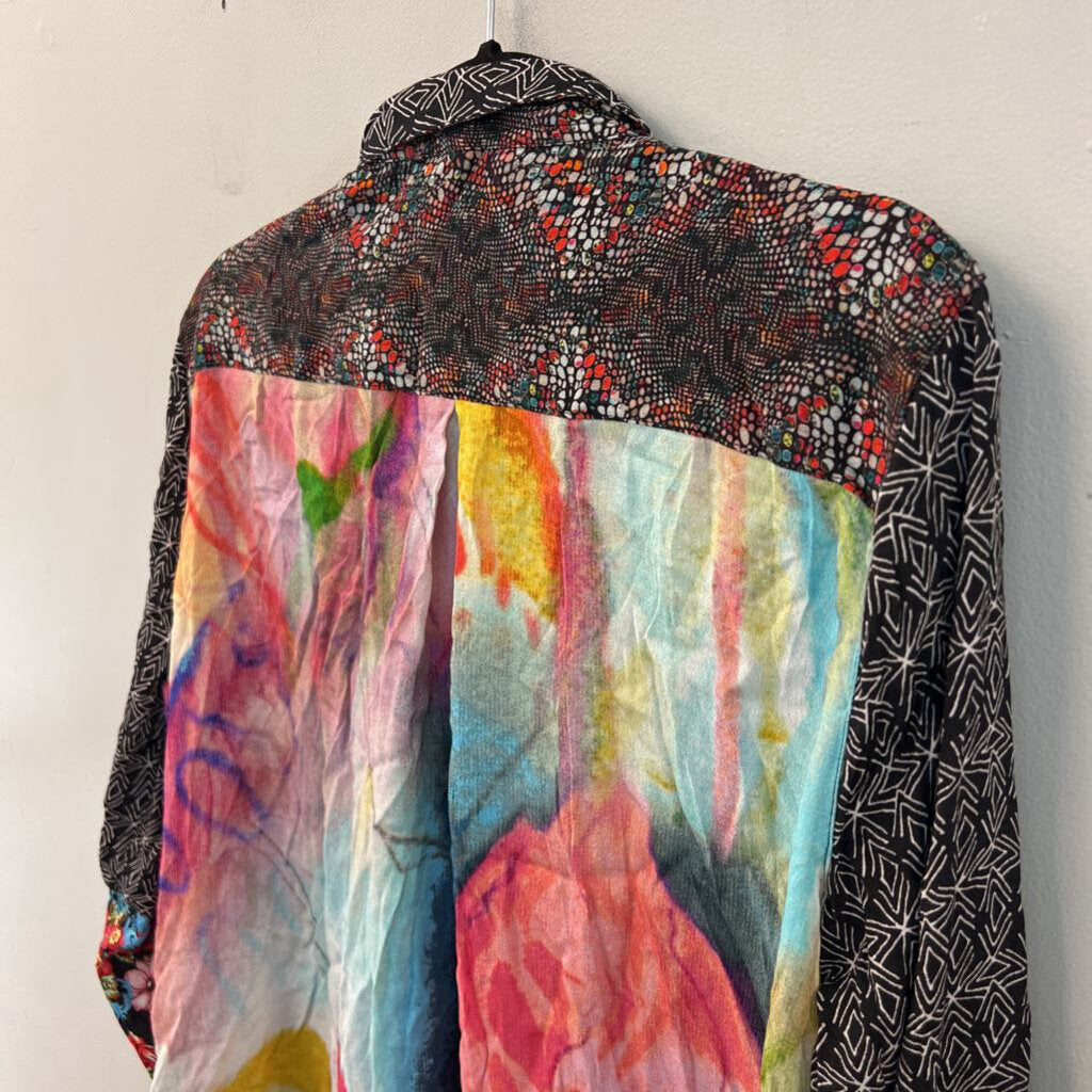 John Mark Black/ Multi Print Long Sleeve Button Down Tunic Top Large