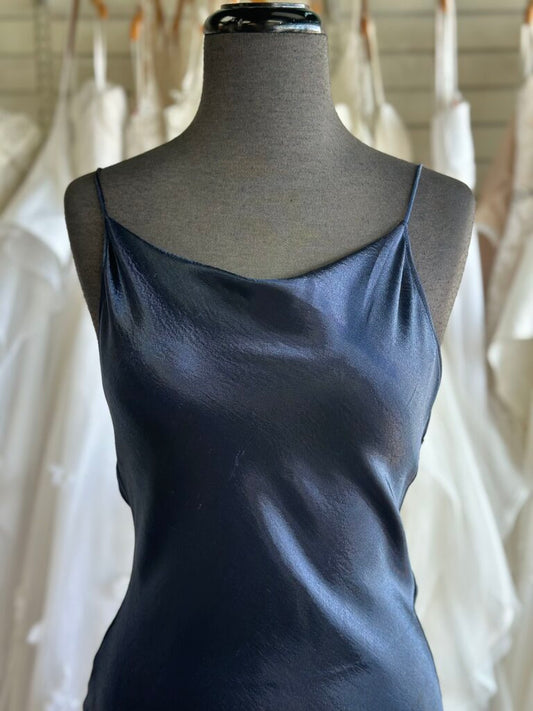 Saloni Navy Silky Cowl Neck Low Back Long Formal Dress 2