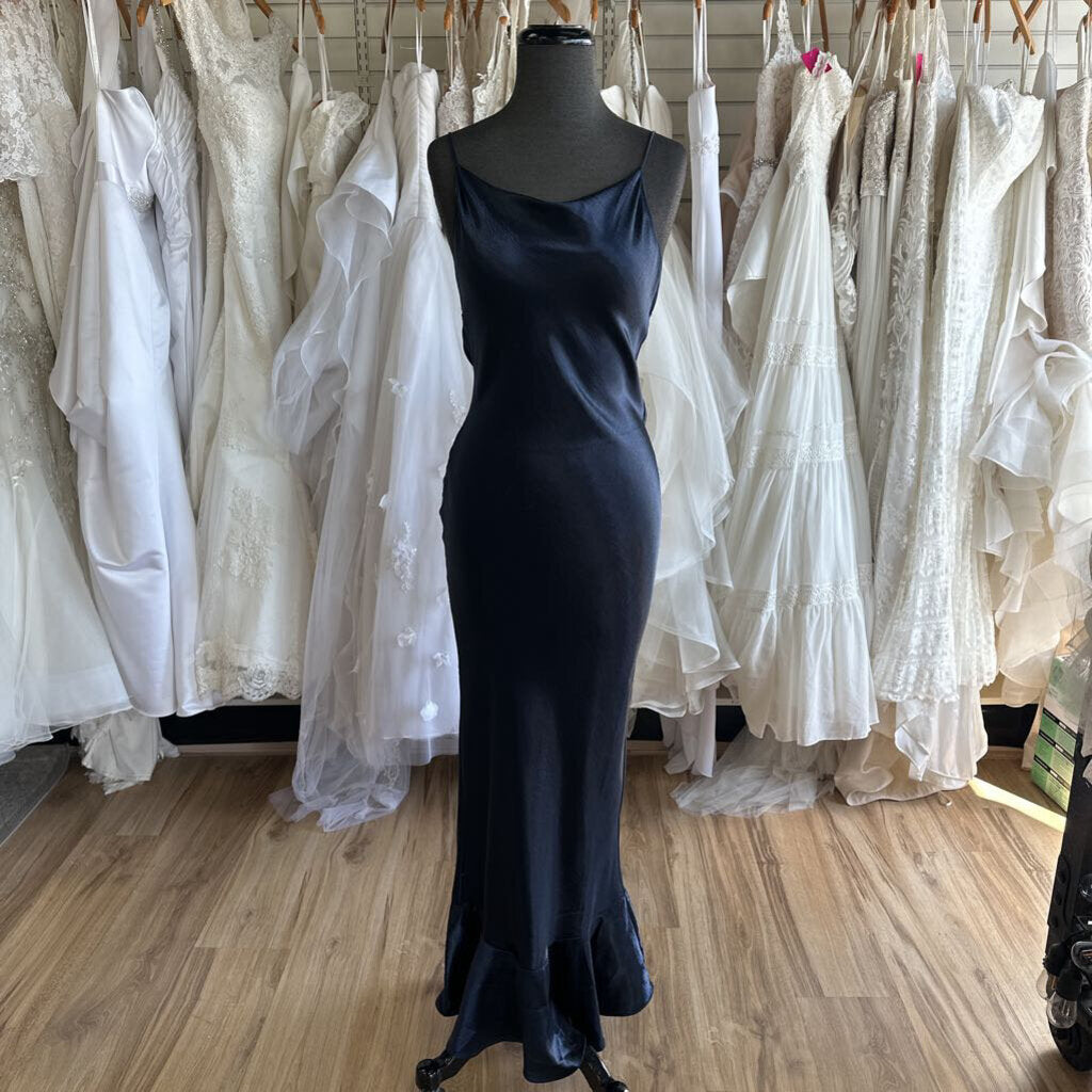 Saloni Navy Silky Cowl Neck Low Back Long Formal Dress 2