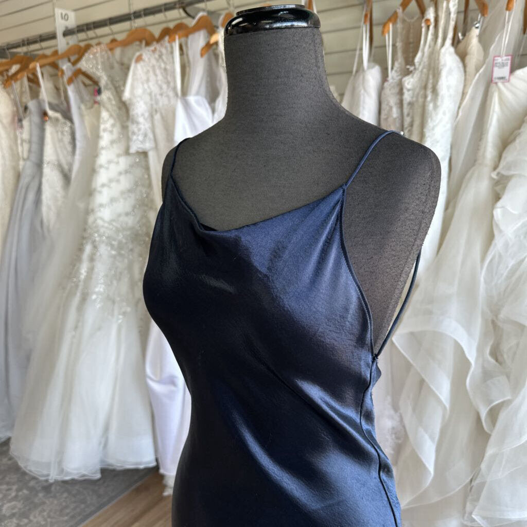 Saloni Navy Silky Cowl Neck Low Back Long Formal Dress 2