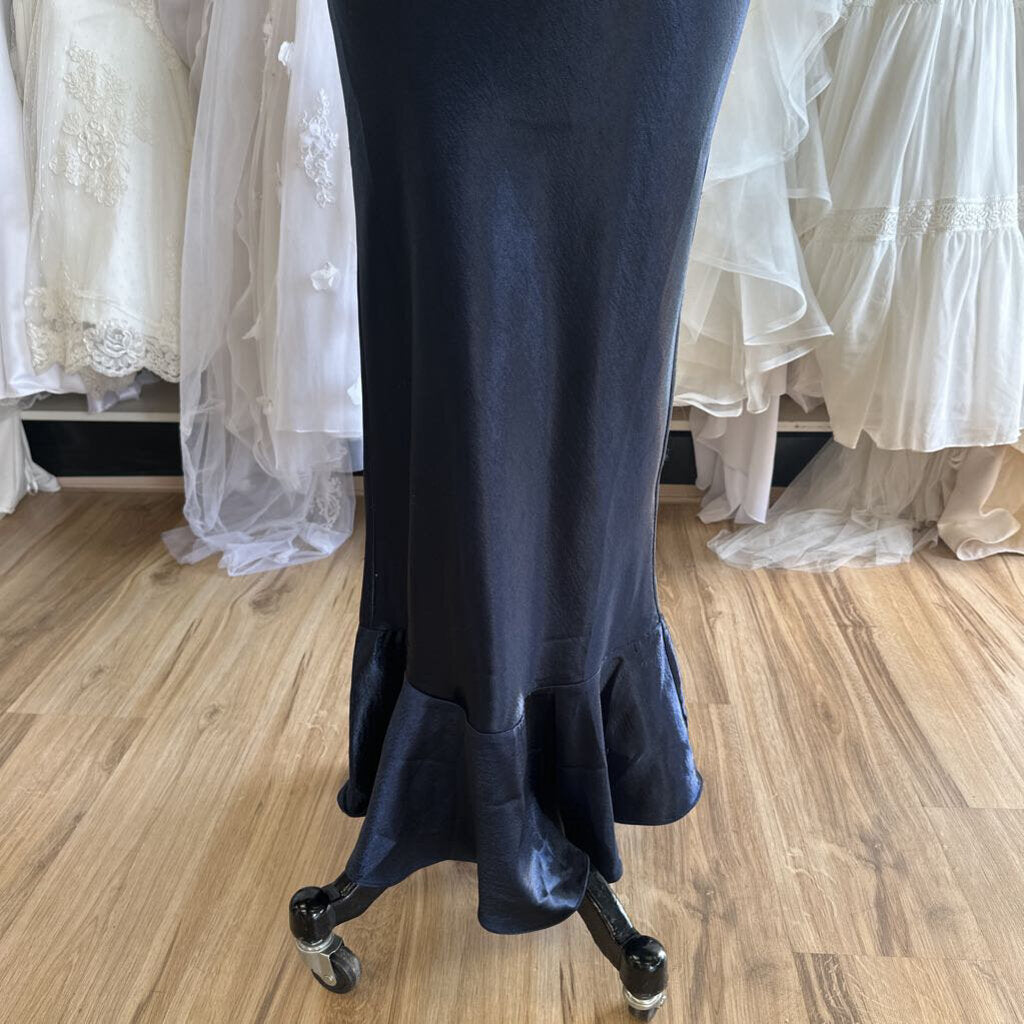 Saloni Navy Silky Cowl Neck Low Back Long Formal Dress 2