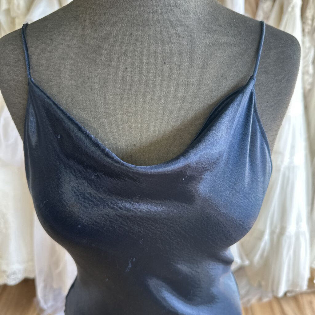 Saloni Navy Silky Cowl Neck Low Back Long Formal Dress 2