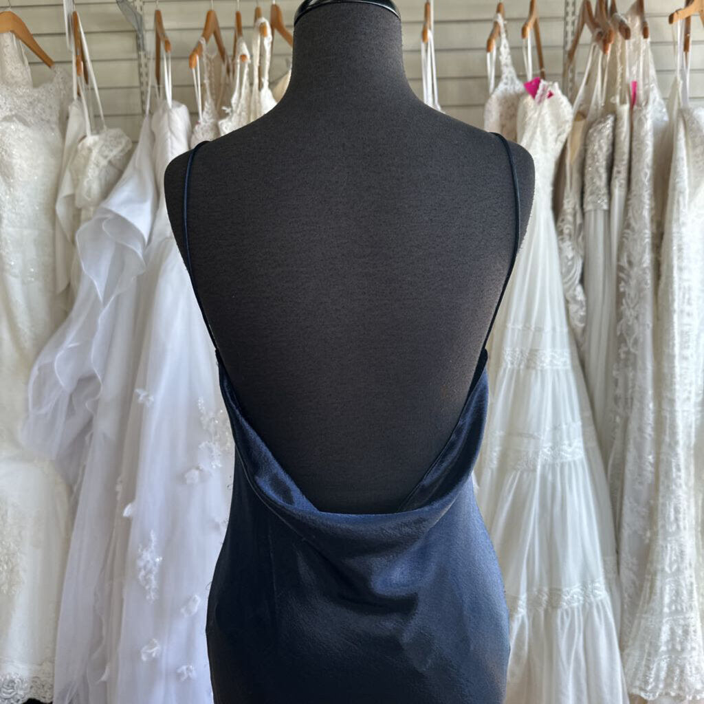 Saloni Navy Silky Cowl Neck Low Back Long Formal Dress 2