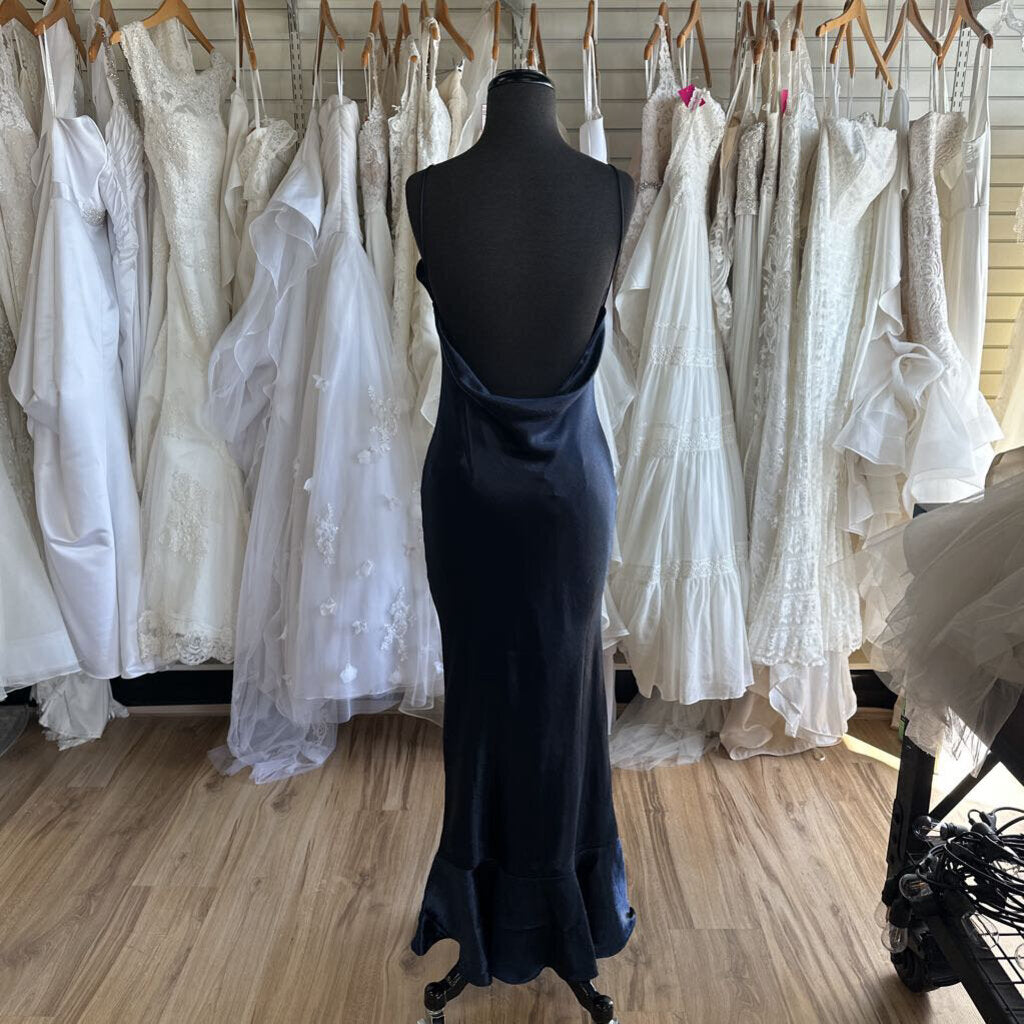 Saloni Navy Silky Cowl Neck Low Back Long Formal Dress 2