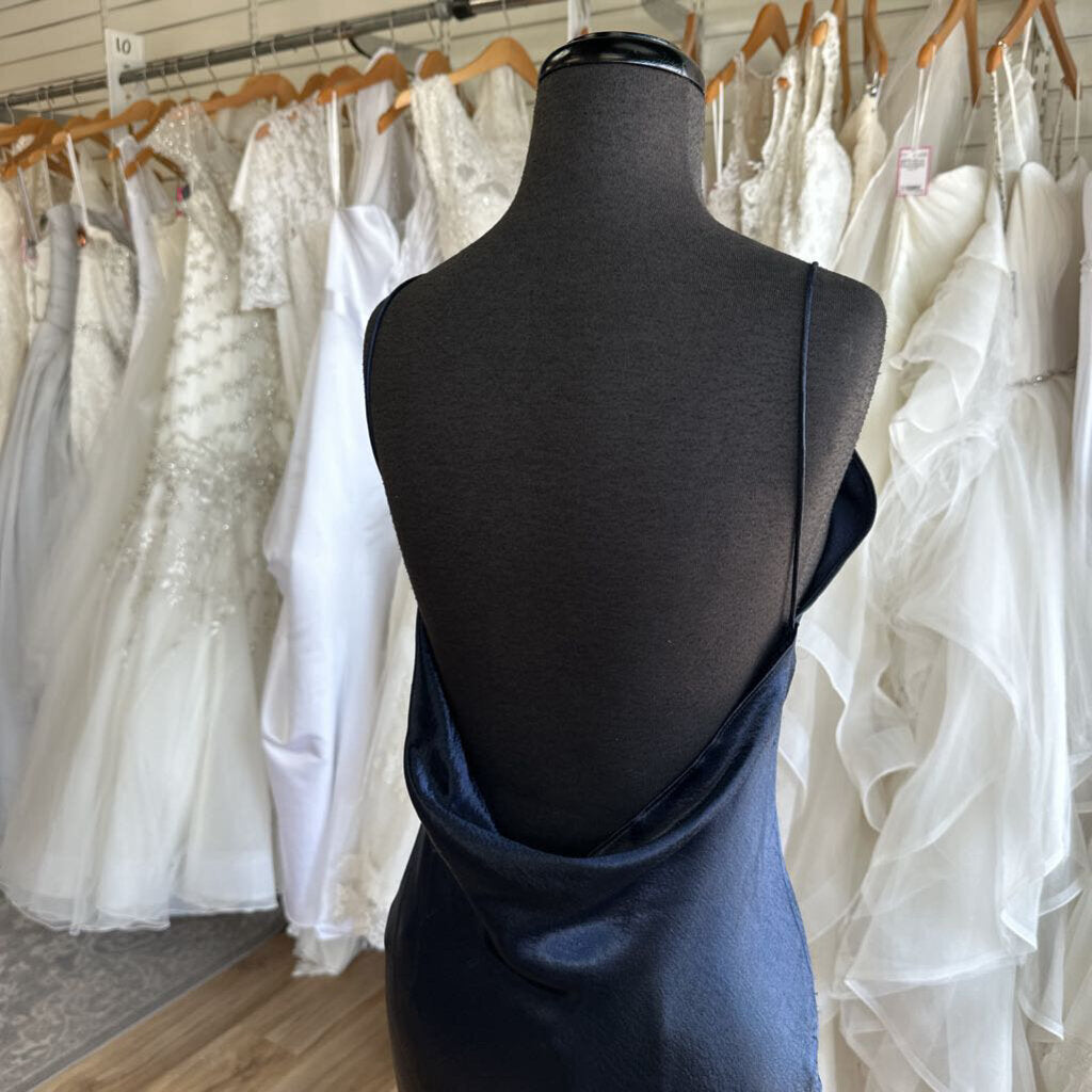 Saloni Navy Silky Cowl Neck Low Back Long Formal Dress 2