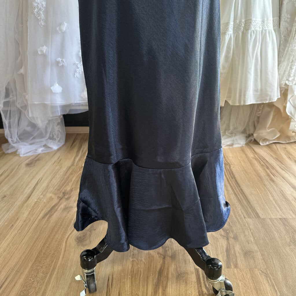 Saloni Navy Silky Cowl Neck Low Back Long Formal Dress 2